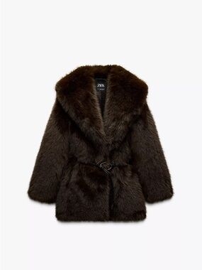 Zara Chocolate Brown Faux Fur Coat with Belt